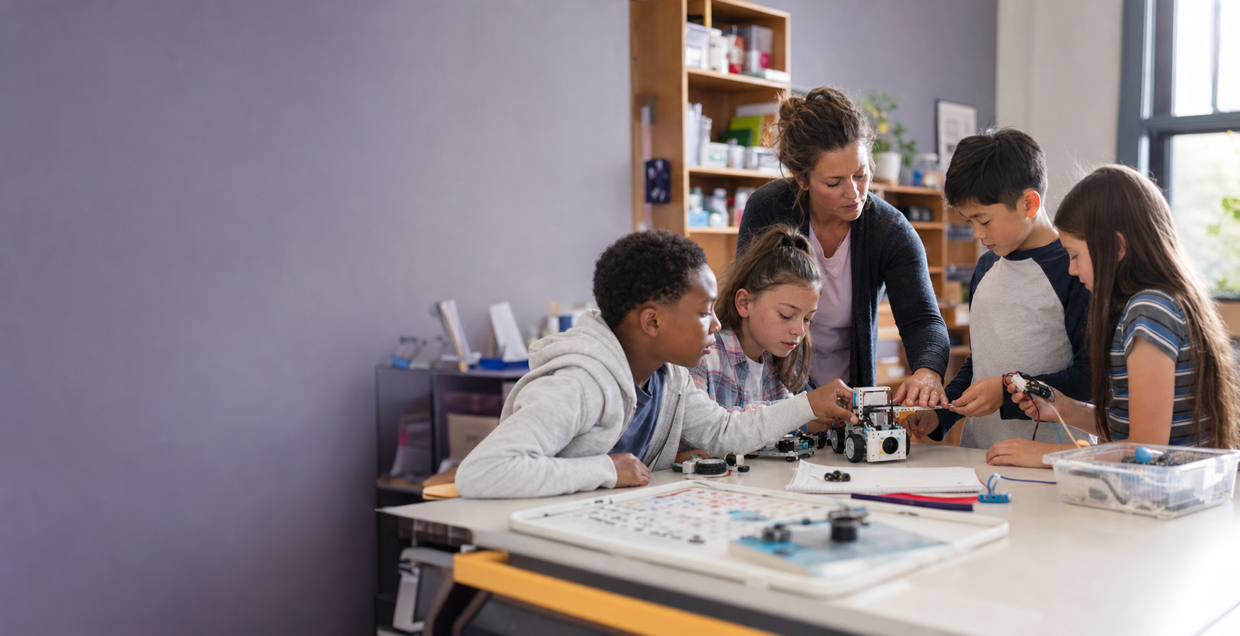A teacher guides students as they collaborate on a classroom robotics project