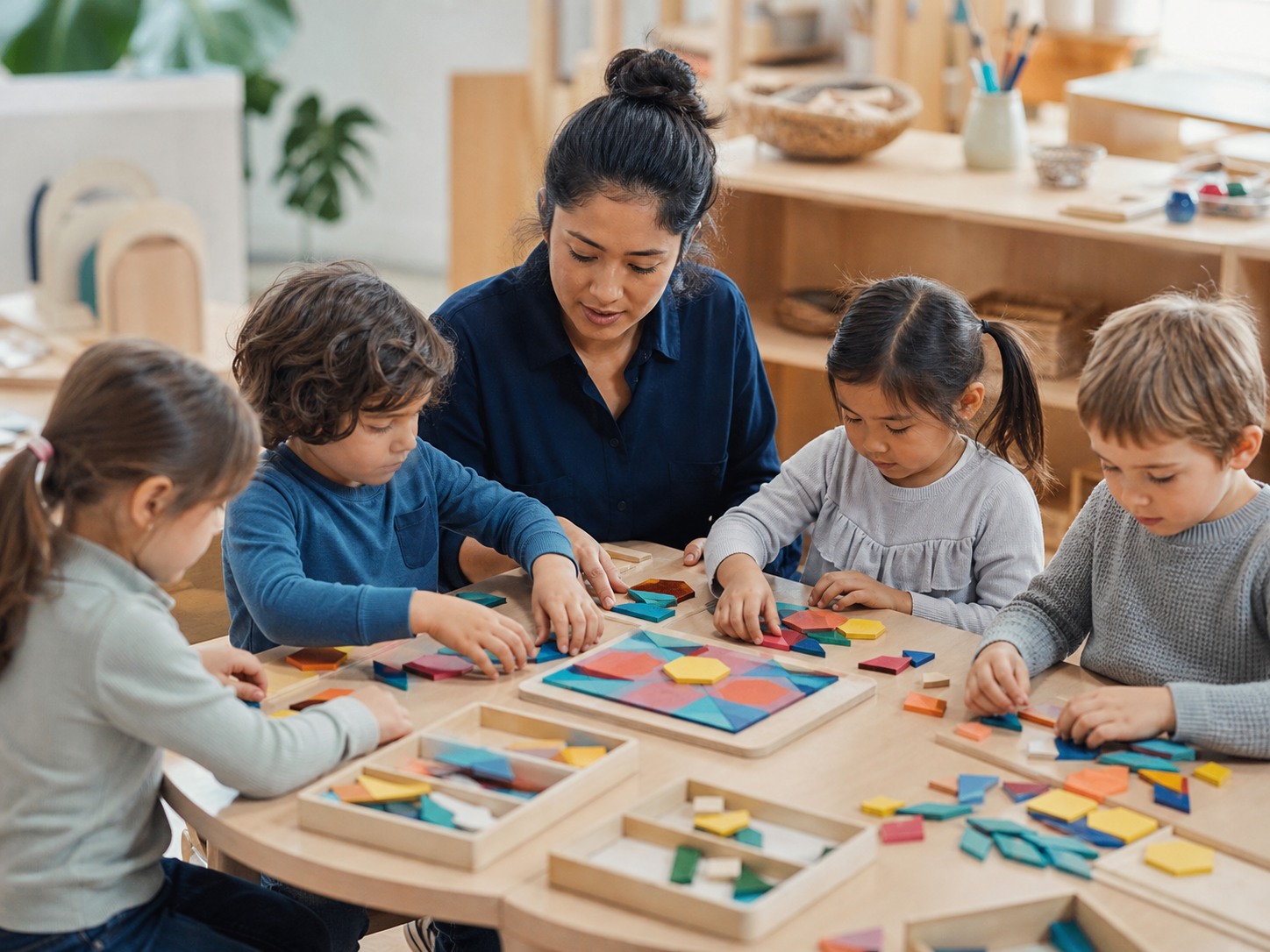 An educator guides children through a tactile geometry and logic activity