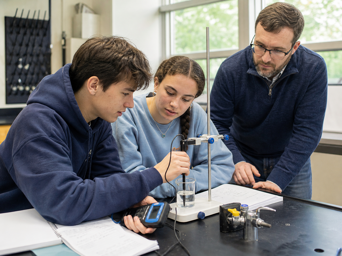 Students make a science measurement while their teacher supports the experiment