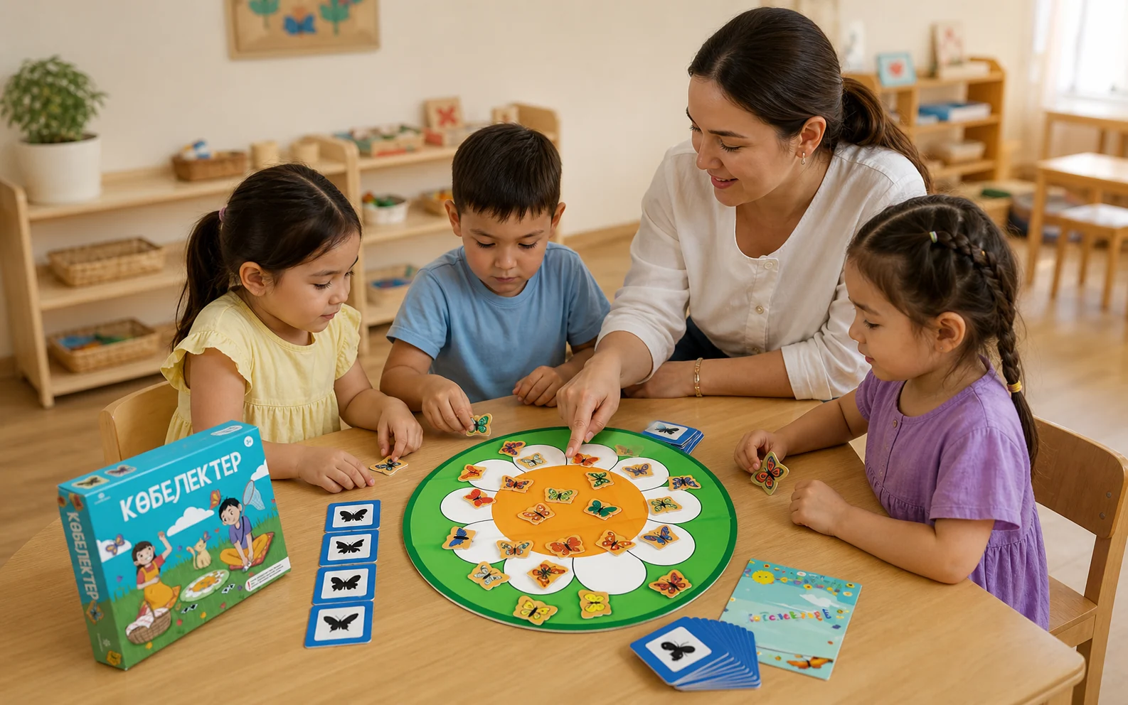 Kindergarten learners matching butterfly pieces with an educator