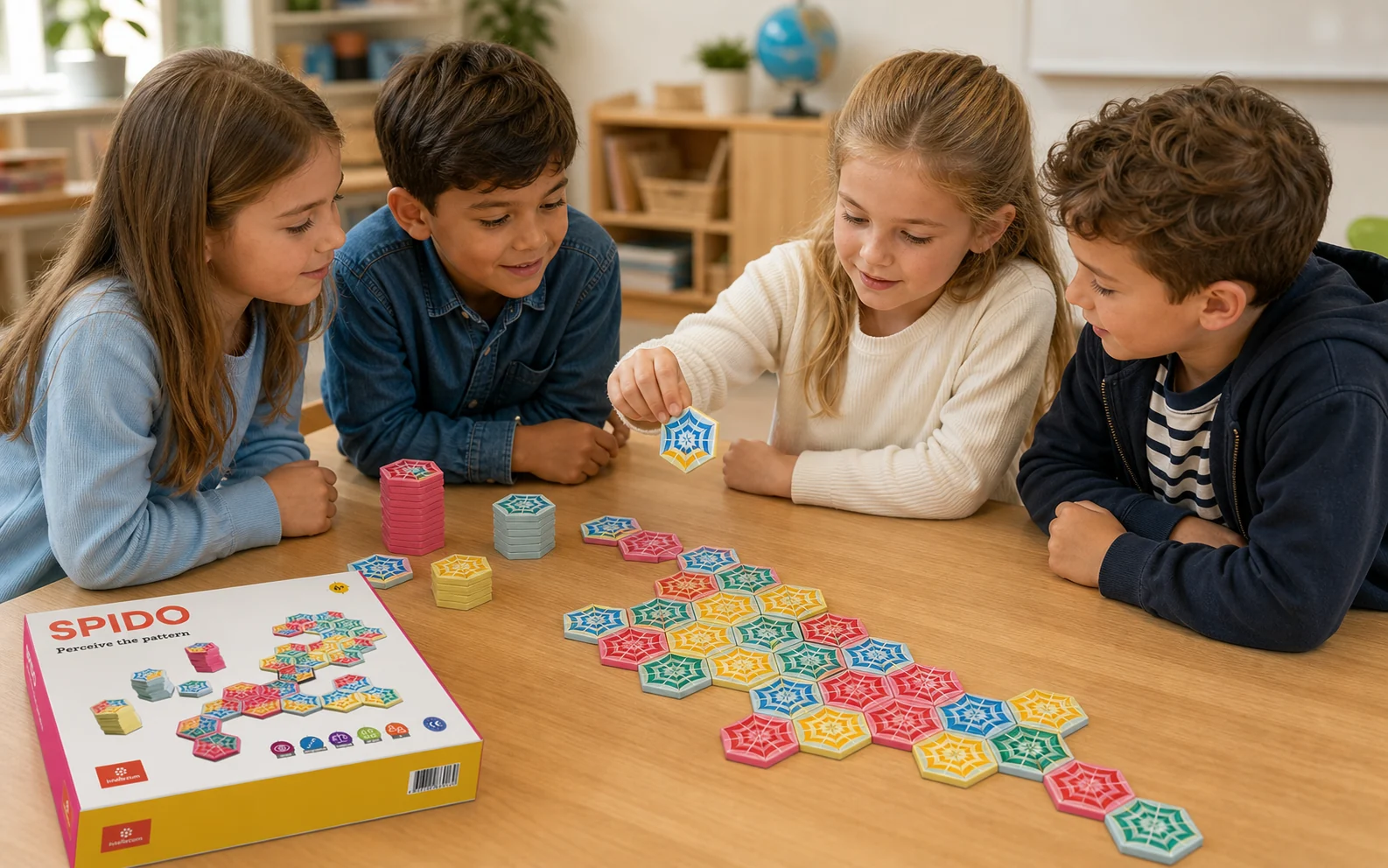 Primary learners extending a colorful Spido pattern together