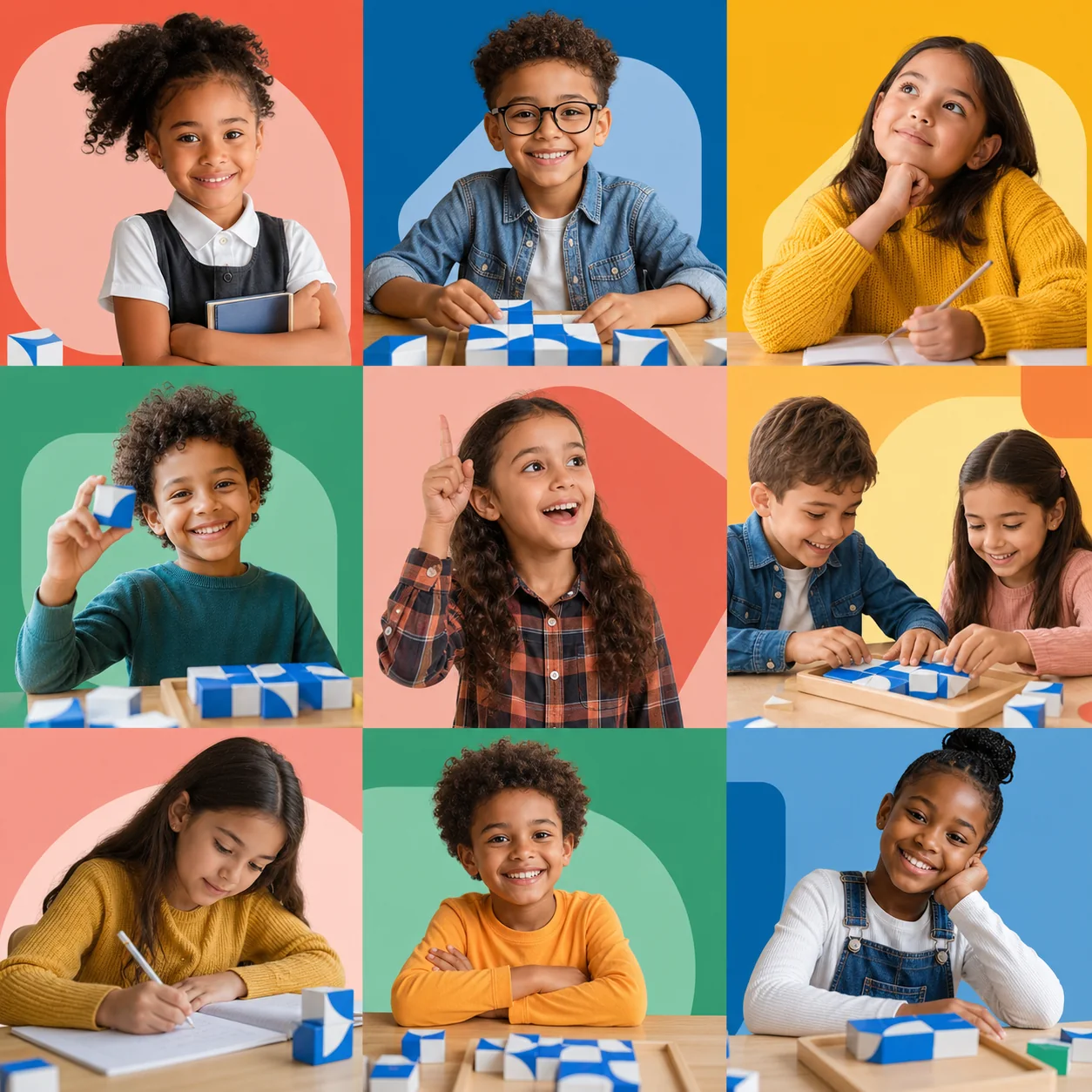 A colorful portrait grid of confident primary learners