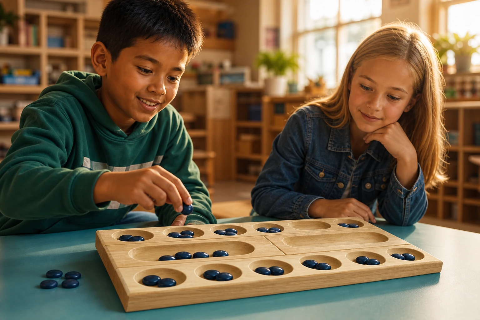 Two primary learners planning a Fronten move with the wooden well board and dark blue counters
