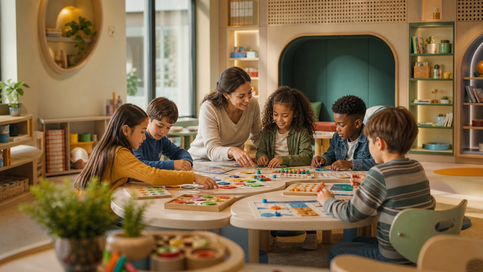 Primary learners thinking together with hands-on educational games in a warm modern classroom