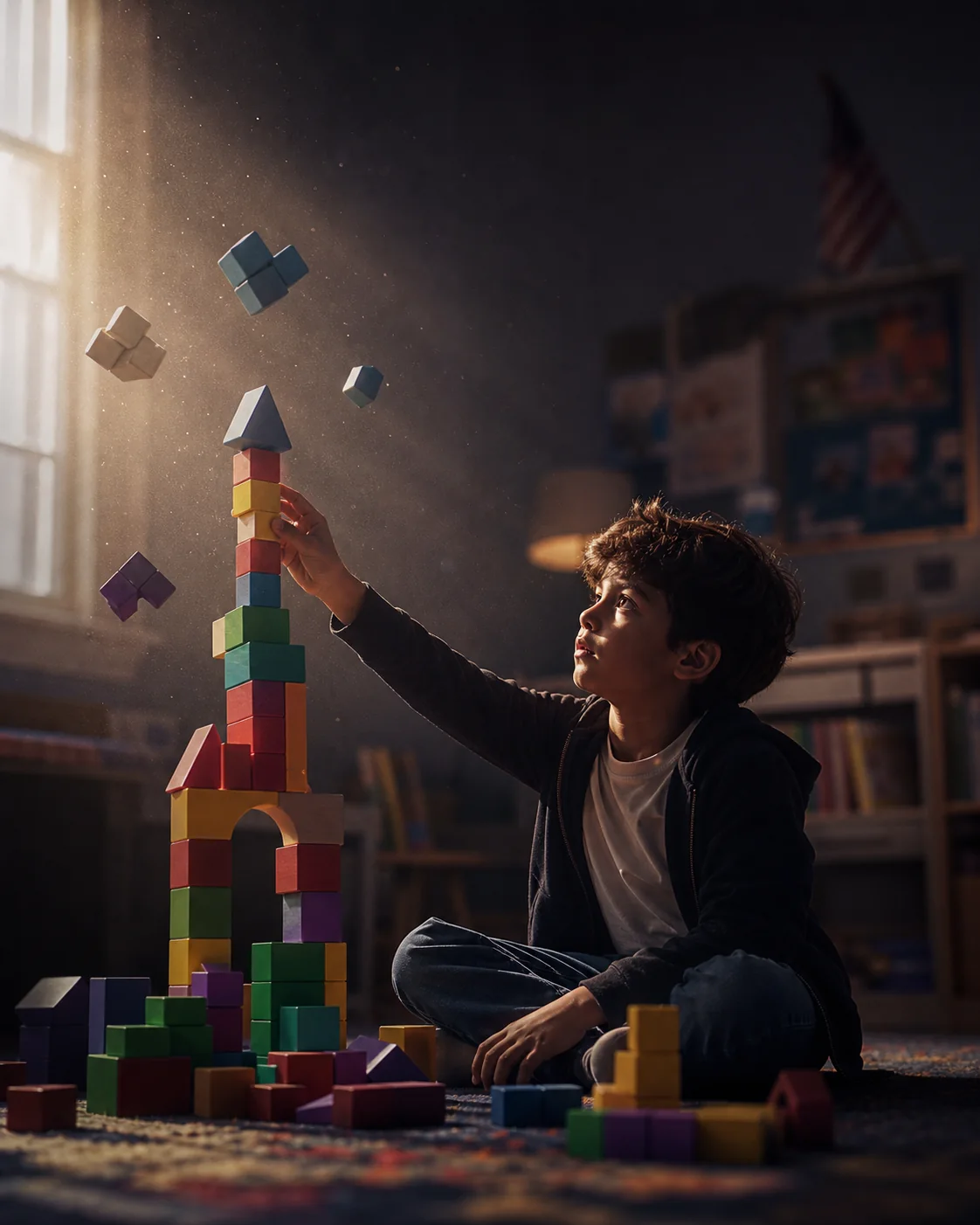 A child visualizing a geometric construction in a beam of light