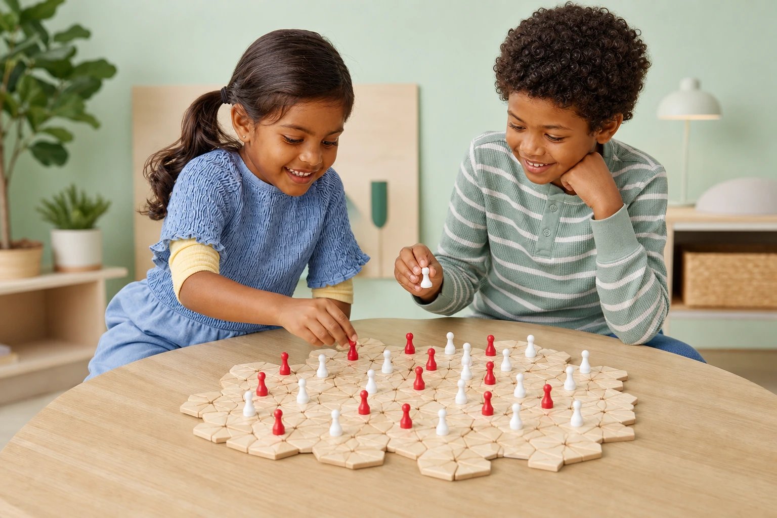 Two primary learners making strategic moves across the triangular wooden Kolonies field