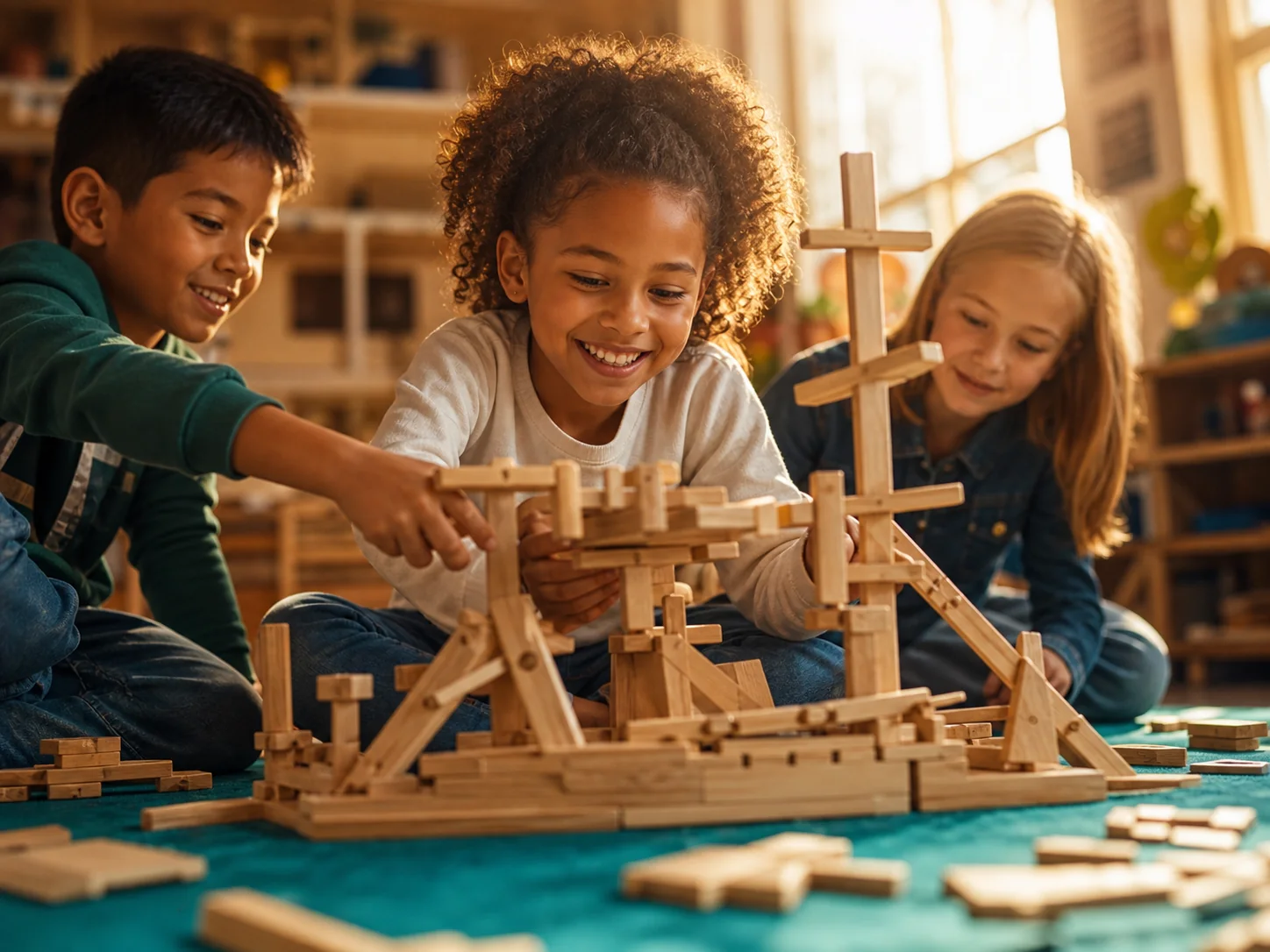 Primary learners testing a wooden construction together