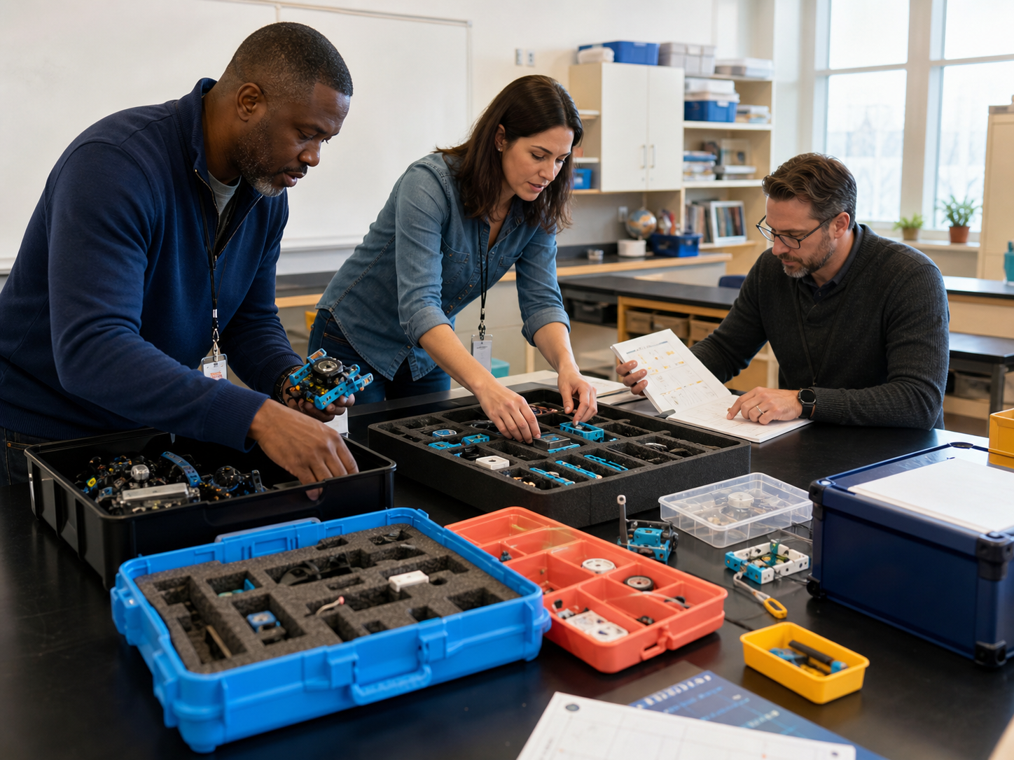 Implementation team preparing STEM equipment for a school classroom rollout