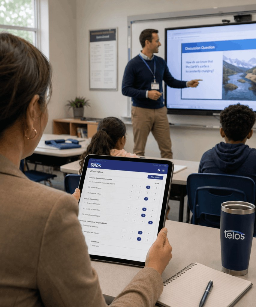 Observer using TELOS on a tablet to evaluate classroom instruction during a live lesson